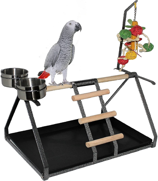 FDC Parrot Bird Perch Table Top Stand Metal Wood 2 Steel Cups Play for Medium and Large Breeds 17.5" X 12.5" X 11"
