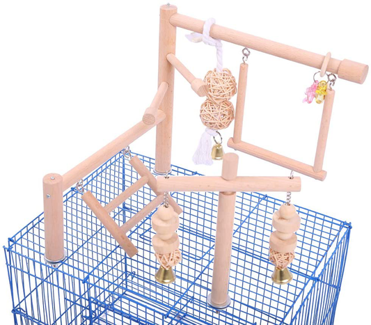 QBLEEV Bird Cage Play Stand Toy Set-Birdcage Wood Stands Hanging Chew Toys Ladder Swing Parrot Perch Play Gym Playground Accessories Activity Center for Conure, Parakeets, Budgie, Cockatiels,Lovebirds Animals & Pet Supplies > Pet Supplies > Bird Supplies > Bird Cage Accessories QBLEEV   