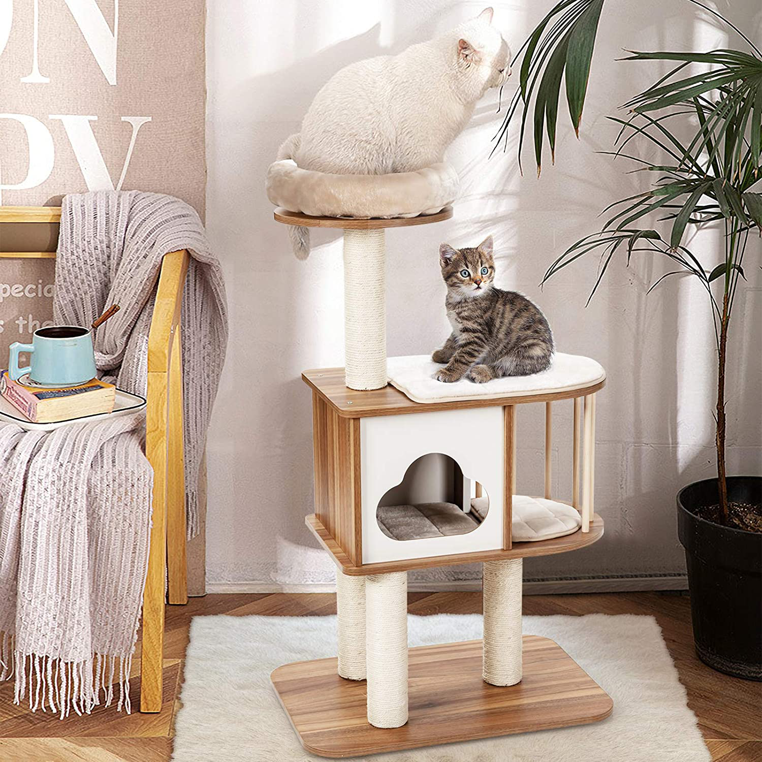 Tangkula Modern Wood Cat Tree, 46 Inches Cat Tower with Platform, Cat Activity Center with Scratching Posts and Washable Cushions, Wooden Cat Condo Furniture for Kittens and Cats Animals & Pet Supplies > Pet Supplies > Cat Supplies > Cat Furniture Tangkula   