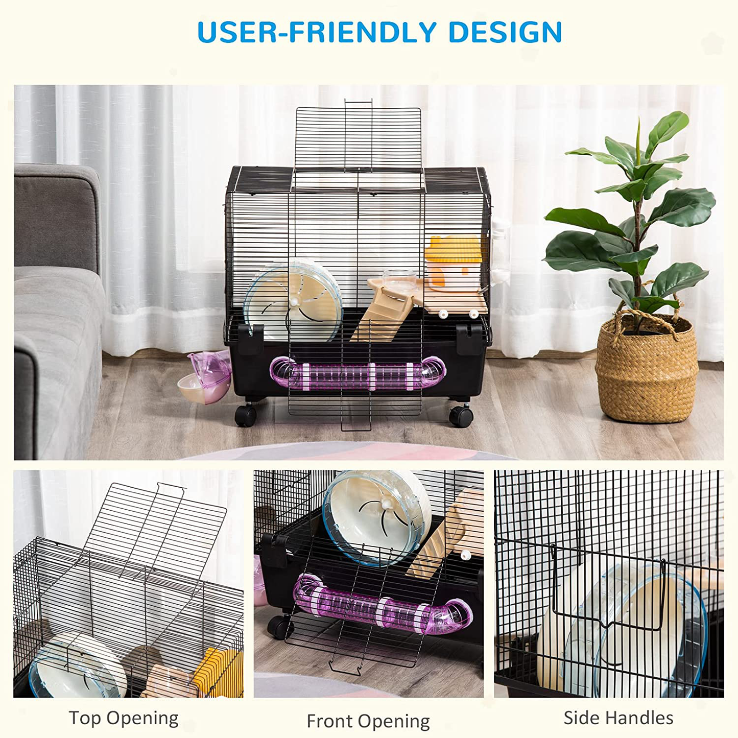Pawhut Multi-Tier Hamster Cage, Small Animal Habitat for Hamsters and Gerbils, Mesh Wire Ventilated Enclosure with Exercise Wheel, Water Bottle, and Food Dishes