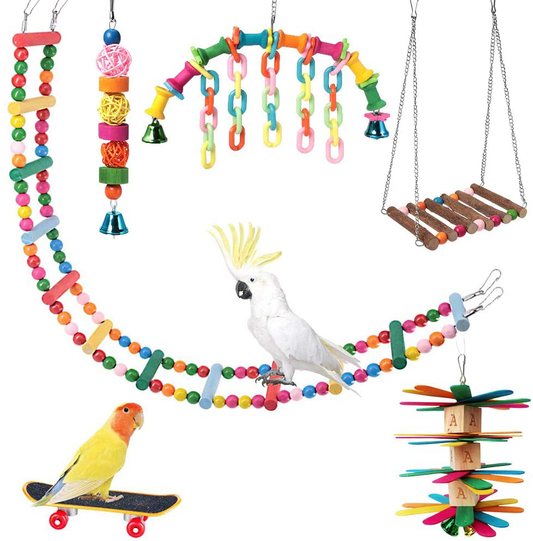 Shellkingdom Parrot Toys,Bird Hanging Wooden Ladder and Bird Hammock Chew Perches Cage Finch Toy with Bells for Bird Macaws Cockatiels Parakeets African Grey Parrot Lorikeets Conures Animals & Pet Supplies > Pet Supplies > Bird Supplies > Bird Ladders & Perches ShellKingdom   