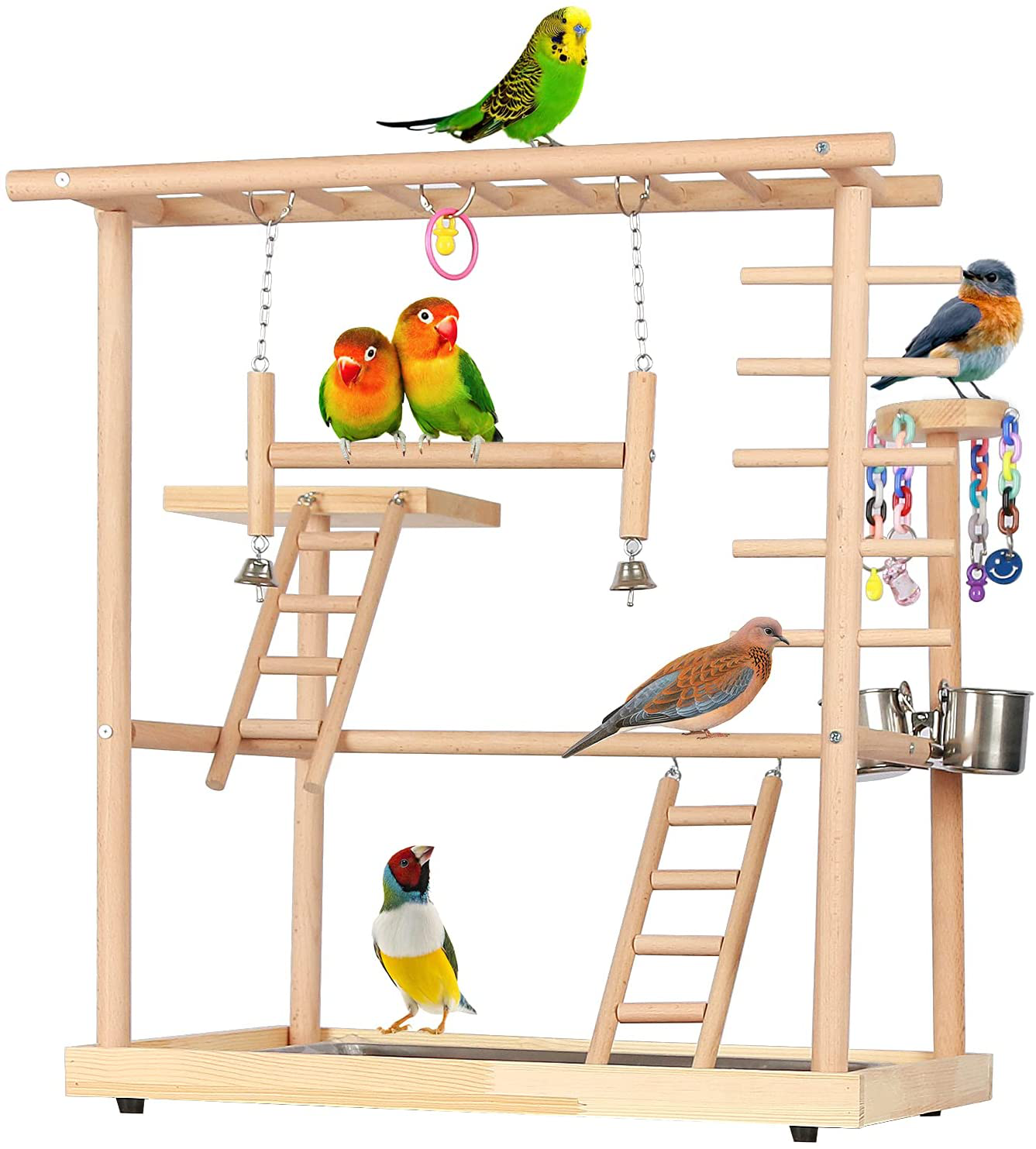 Echaprey Bird Playground Parakeet Cockatiel Playstand Parrot Gym Playground Natural Wood Double Layer Pet Bird Perch Stand with Feeder Bowl Ladder Animals & Pet Supplies > Pet Supplies > Bird Supplies > Bird Gyms & Playstands Echaprey   