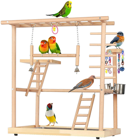 Echaprey Bird Playground Parakeet Cockatiel Playstand Parrot Gym Playground Natural Wood Double Layer Pet Bird Perch Stand with Feeder Bowl Ladder Animals & Pet Supplies > Pet Supplies > Bird Supplies > Bird Gyms & Playstands Echaprey   