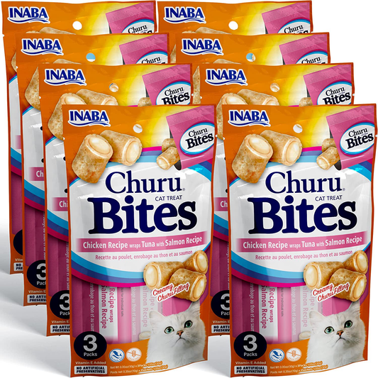 INABA Churu Bites for Cats, Grain-Free, Soft/Chewy Baked Chicken Wrapped Churu Filled Cat Treats with Vitamin E, 0.35 Ounces Each Tube| 24 Tubes Total (3 per Pack) Animals & Pet Supplies > Pet Supplies > Cat Supplies > Cat Treats INABA Tuna with Salmon Recipe  
