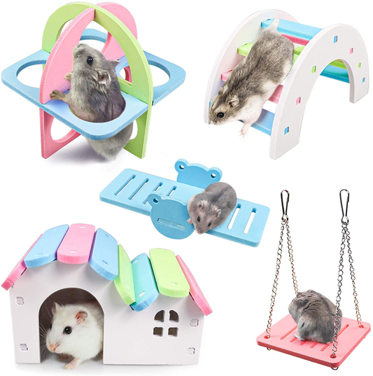 Roundler Dwarf Hamsters House DIY Wooden Gerbil Hideout Rainbow Bridge Swing and PVC Seesaw, Pet Sport Exercise Toys Set, Sugar Glider Syrian Hamster Cage Accessories, Suitable for Small Animal Animals & Pet Supplies > Pet Supplies > Small Animal Supplies > Small Animal Habitat Accessories Roundler   