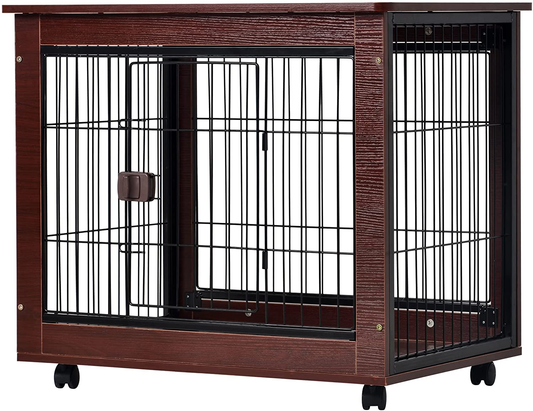 Pet Dog Crate Cage End Table with Wooden Structure and Iron Wire and Lockable Caters,Medium and Large Dog House Indoor Use Animals & Pet Supplies > Pet Supplies > Dog Supplies > Dog Houses WHNB 31inch Length  
