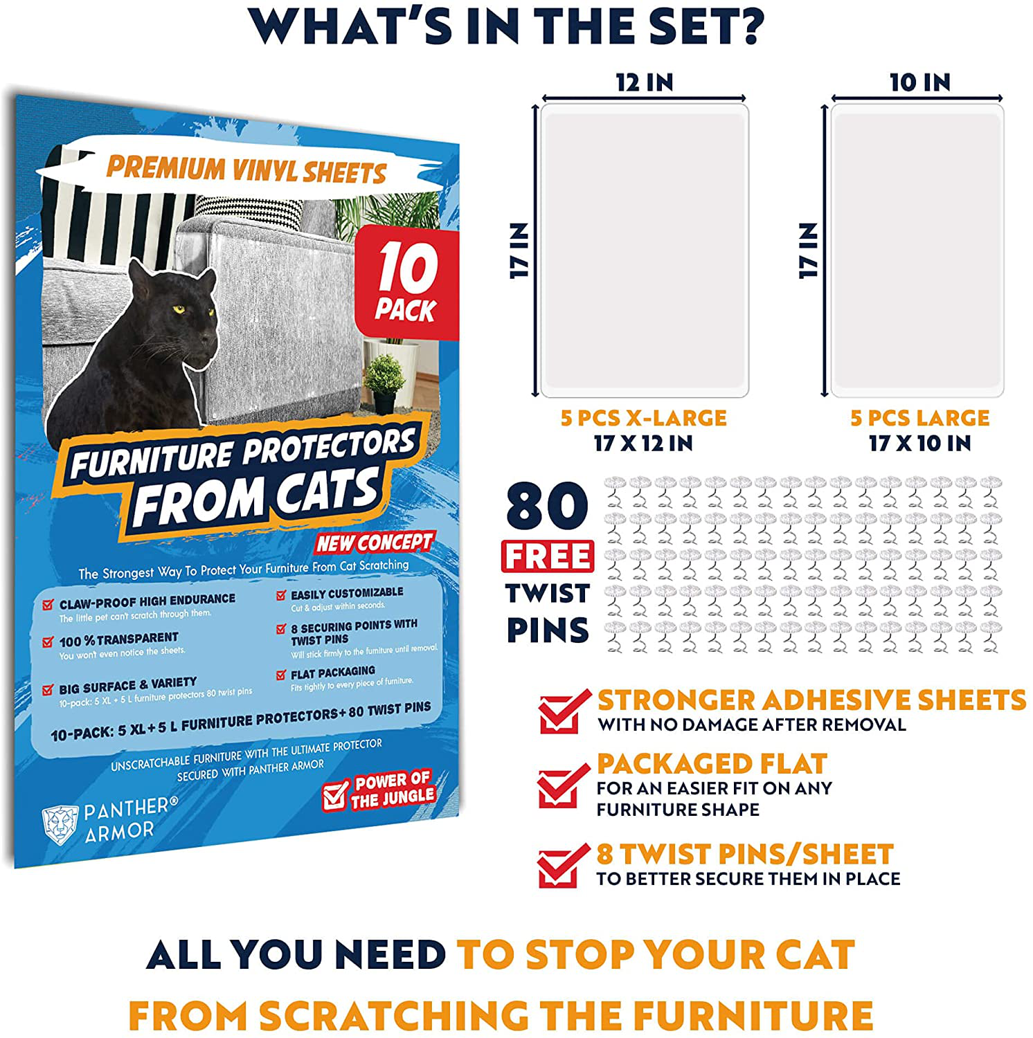 Panther Armor 10(Ten)-Pack XXL Furniture Protectors from Cats Scratch - Couch Protector for Cats - Cat Scratch Deterrent – Sofa Cat Furniture Protector Guards - Cat Furniture Protector Couch Protector Animals & Pet Supplies > Pet Supplies > Cat Supplies > Cat Furniture Panther Armor   