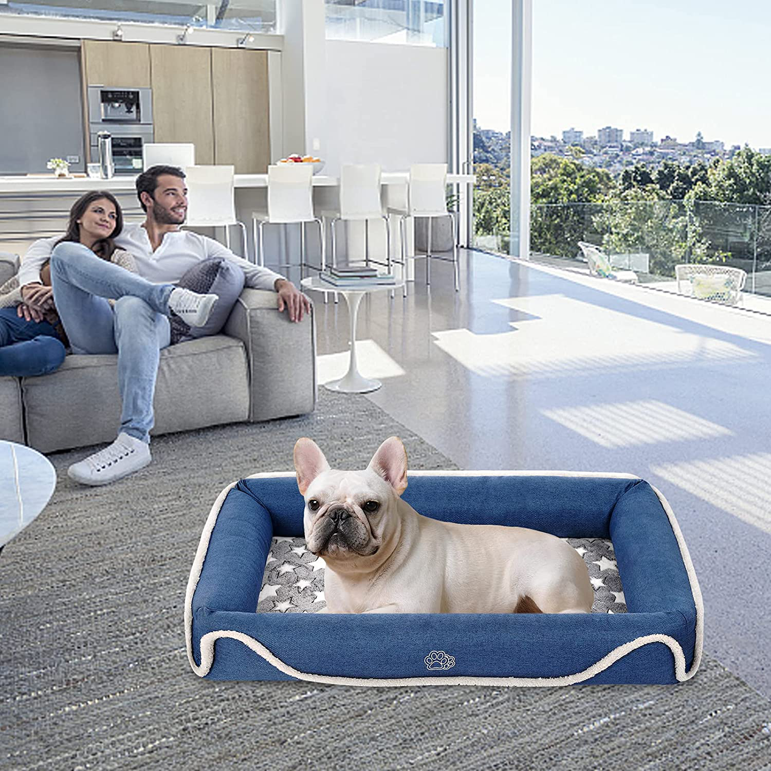 EMPSIGN Bolster 2-In-1 Dog Bed, Pet Bed with Reversible Inner Pad (Warm & Cool), Washable Bed Water Repellent Removable Covers, Waterproof Non-Skid Bottom & High Density Foam, Blue & Grey, Star Print Animals & Pet Supplies > Pet Supplies > Dog Supplies > Dog Beds EMPSIGN   