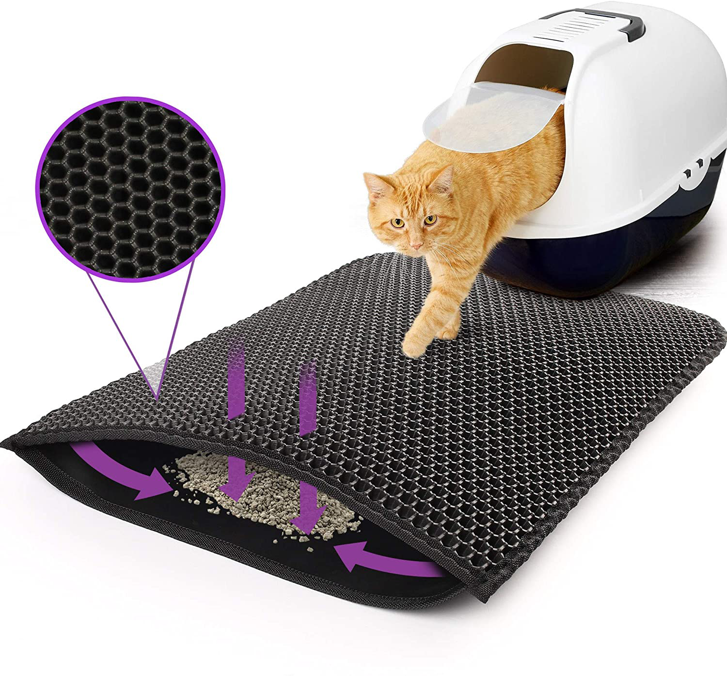 Primepets Cat Litter Mat, Kitty Litter Trapping Pad, Honeycomb Double-Layer Cat Mat for Litter Box, Easy Clean, Large Size, Black Litter Trapper Catcher Rug, Waterproof, Urine Proof