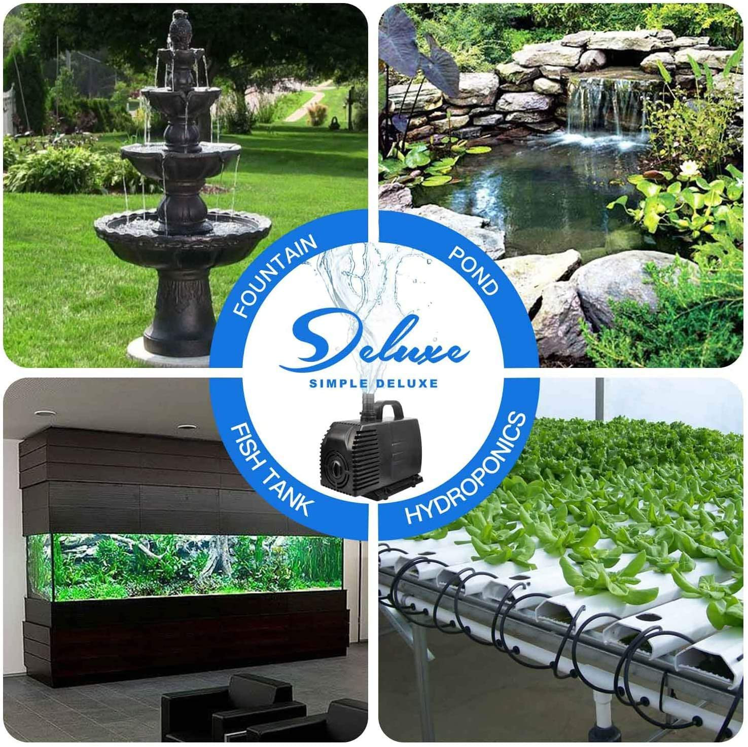 Simple Deluxe 1056 GPH Submersible Pump with 15' Cord, Water Pump for Fish Tank, Hydroponics, Aquaponics, Fountains, Ponds, Statuary, Aquariums & Inline Animals & Pet Supplies > Pet Supplies > Fish Supplies > Aquarium & Pond Tubing Simple Deluxe   