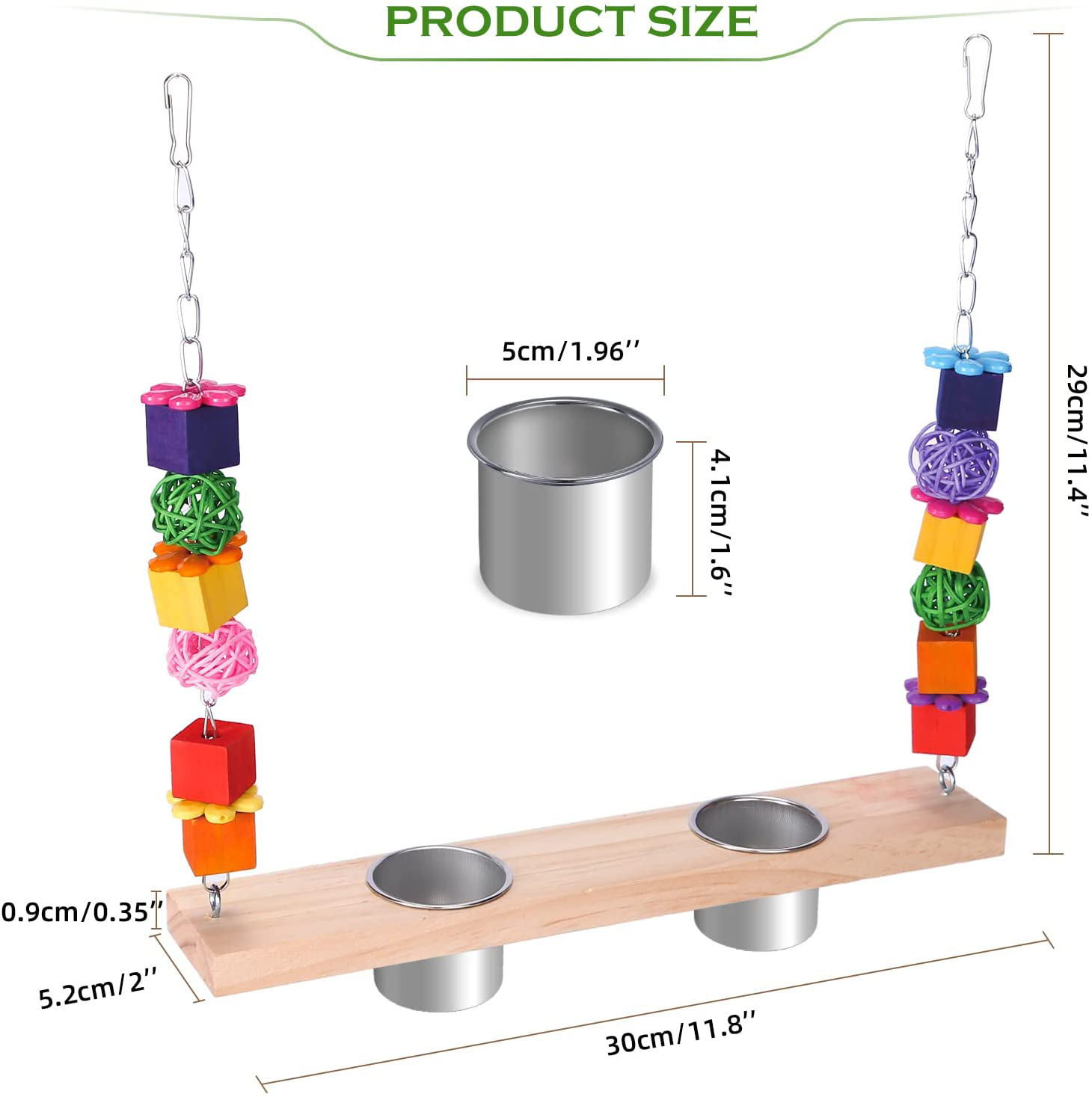 Bird Feeding Dish Cups with Parrot Perch Swing Chew Toys 4 in 1 Hanging Natural Wooden Bird Swing Stainless Steel Parrot Cage Feeder Water Bowl for Parakeet Cockatiels Lovebirds Budgie Pigeons Animals & Pet Supplies > Pet Supplies > Bird Supplies > Bird Cages & Stands KEVOTOMP   