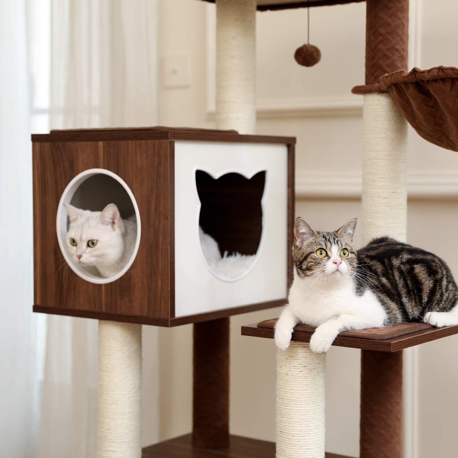 PETEPELA 59’’ All-In-One Cat Tree Multifunctional Modern Cat Tower High-Grade Wood Furniture with Cat Washroom Litter Box House, Cat Condo, Top Perch, Large Hammock and Scratching Post(Brown) Animals & Pet Supplies > Pet Supplies > Cat Supplies > Cat Furniture PETEPELA   
