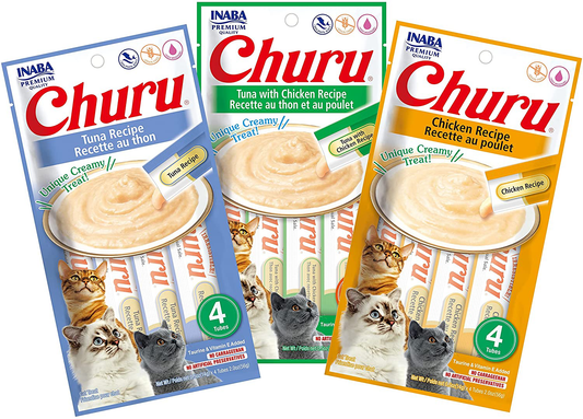 INABA Churu Lickable Creamy Purée Cat Treats 3 Flavor Variety Pack of 12 Tubes