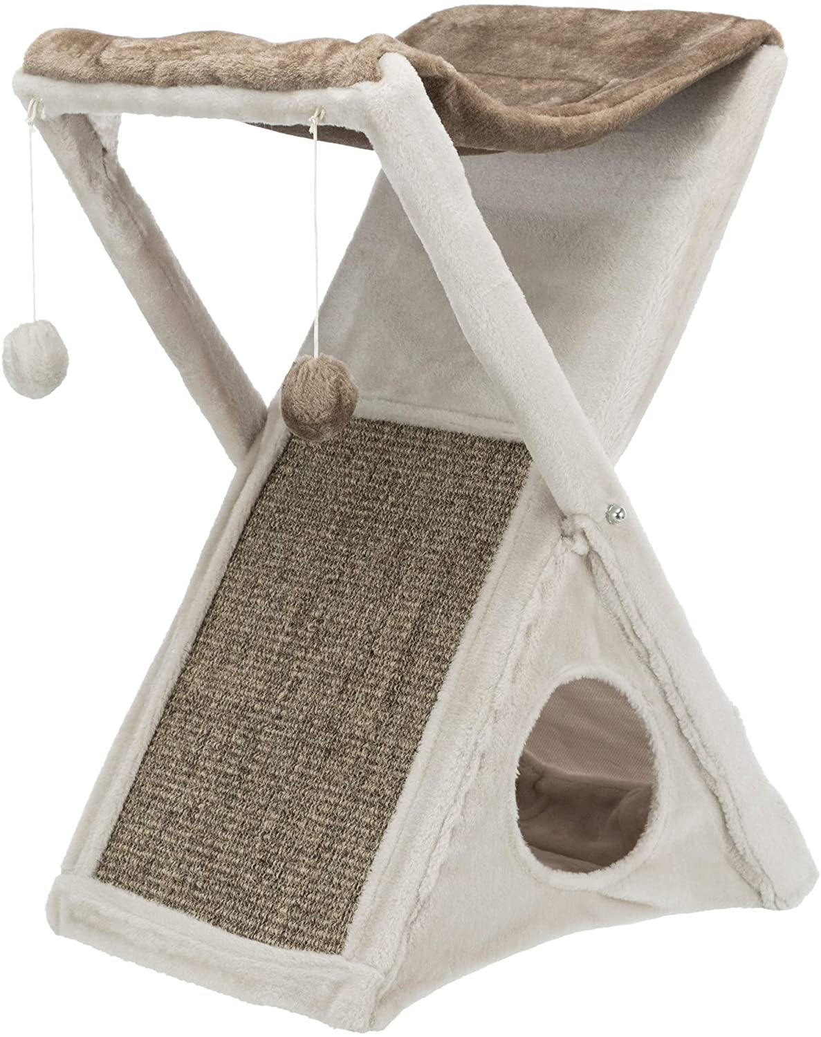 TRIXIE Miguel Fold and Store Cat Hammock | Dangling Pom Poms | Scratching Pad | Cat Cave, Taupe/Light Gray, 20.25 X 13.75 X 25.5 Inches