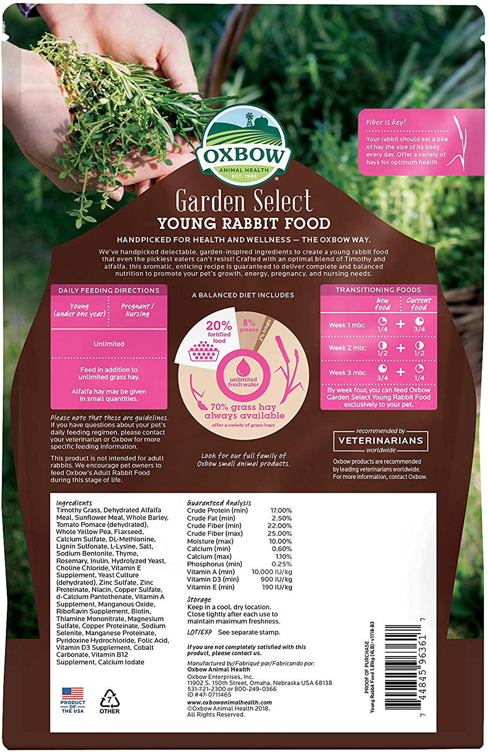 Oxbow Animal Health Garden Select Young Rabbit Food, Garden-Inspired Recipe for Young Rabbits, No Soy or Wheat, Non-Gmo, Made in the USA, 4 Pound Bag
