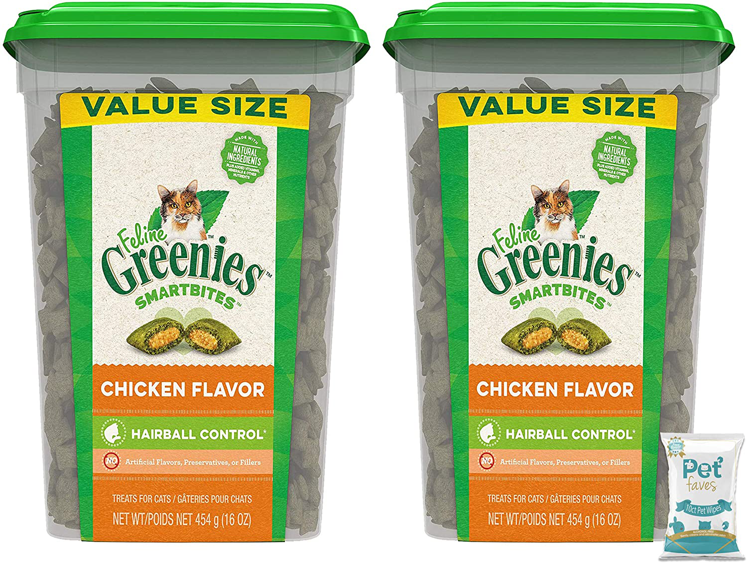 Greenies (2 Tubs) Feline SMARTBITES Hairball Control Chicken Flavor 16Oz and 10Ct Pet Faves Pet Wipes