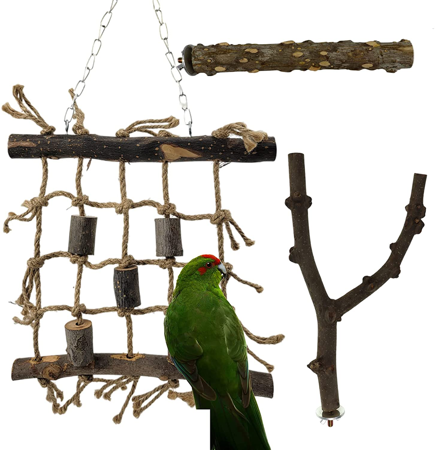 RF-X Bird Toys, Parrot Toys Rope Hammock Ladder, Bird Climbing Net Swing Peppered Wood Chewing Stand Post Set of 3, Suitable for Macaws, African Grey Parrots, Budgerigars, Canaries Etc