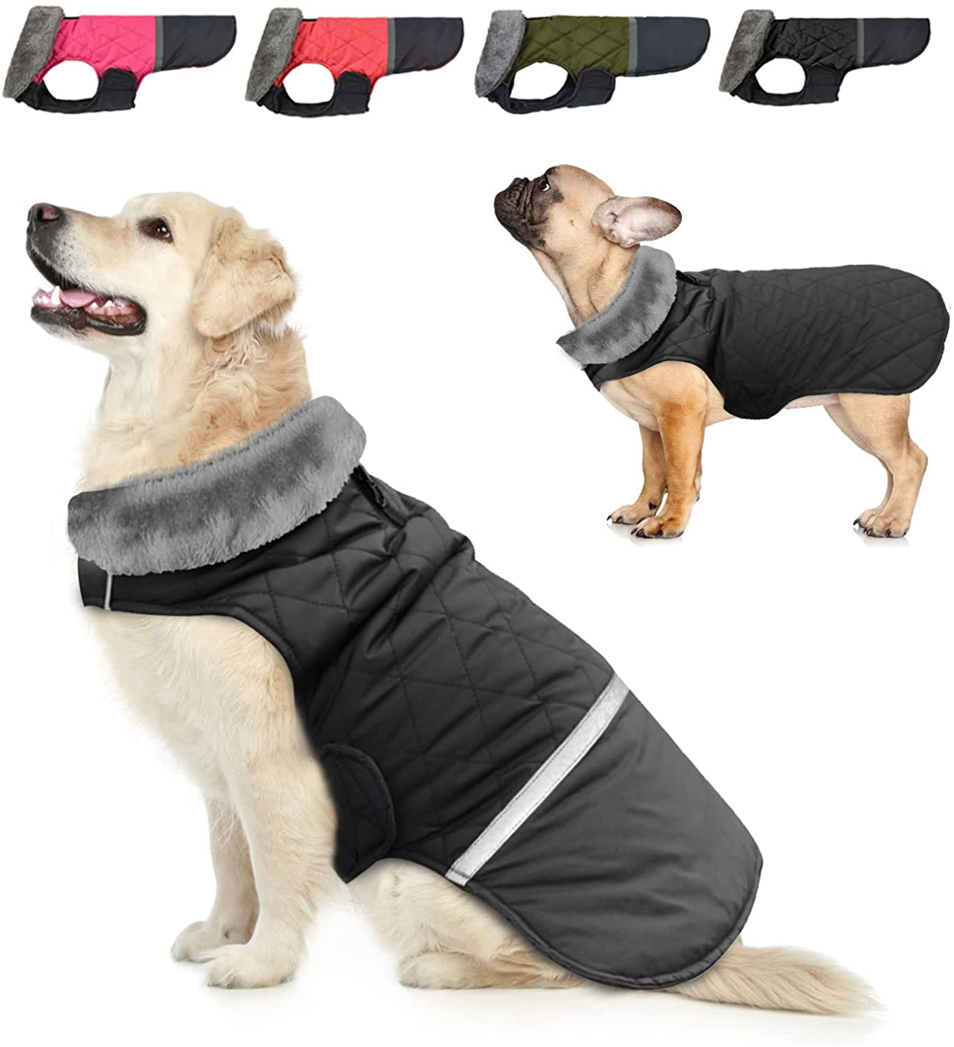 Dogcheer Fleece Collar Dog Coat, Reversible Winter Dog Clothes Warm Christmas Pet Jacket for Cold Weather, Waterproof Puppy Vest Apparel for Small Medium Large Dogs Animals & Pet Supplies > Pet Supplies > Dog Supplies > Dog Apparel Dogcheer Black L(Chest Girth 22-25"/55-63cm) 
