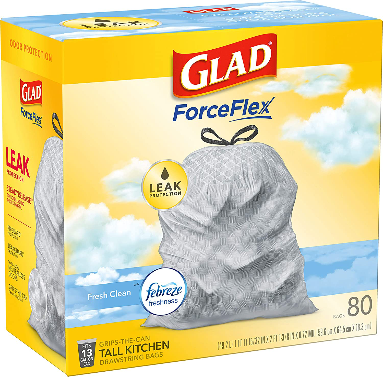 Glad Forceflex Tall Kitchen Drawstring Trash Bags – 13 Gallon Trash Bag, Fresh Clean Scent with Febreze Freshness – 80 Count (Package May Vary) Animals & Pet Supplies > Pet Supplies > Cat Supplies > Cat Litter Box Liners Glad   