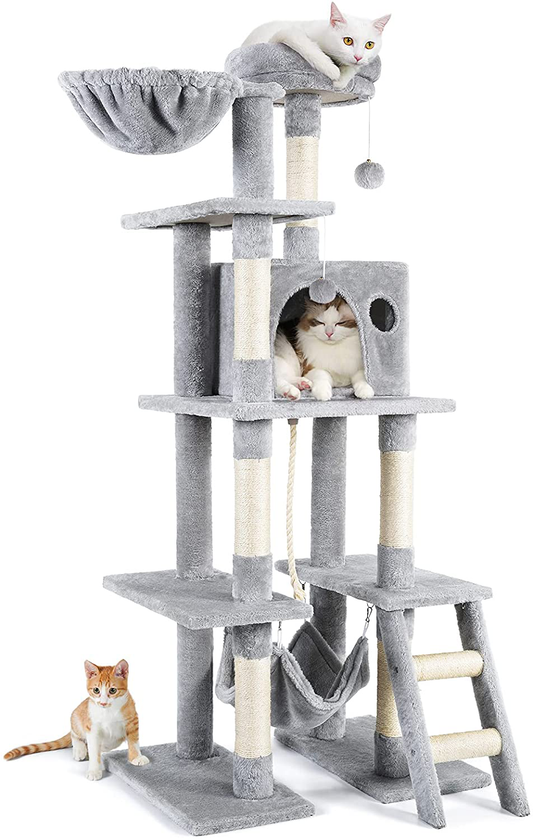 Rabbitgoo Cat Tree Cat Tower 61" for Indoor Cats, Multi-Level Cat Condo with Hammock & Scratching Posts for Kittens, Tall Cat Climbing Stand with Plush Perch & Toys for Play Rest Animals & Pet Supplies > Pet Supplies > Cat Supplies > Cat Furniture rabbitgoo Light Grey  