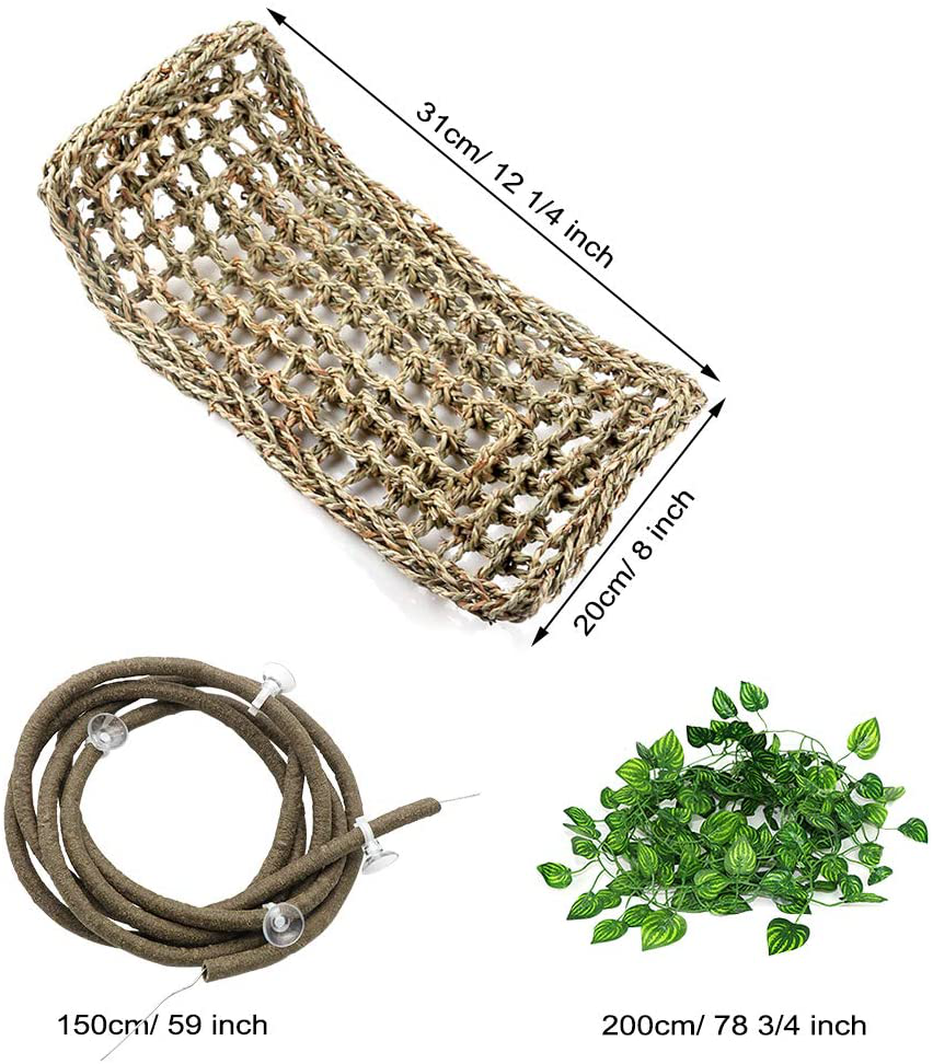 Lizard Bearded Dragon Hammock Set, Natural Grass Fibers Pet Recliner, Flexible Bend-A Branch Jungle Climbing Vines for Geckos, Iguanas and Hermit Crabs, Snakes and More Reptiles Perched Animals & Pet Supplies > Pet Supplies > Reptile & Amphibian Supplies > Reptile & Amphibian Habitat Accessories PETUOL   