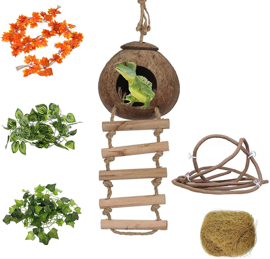 HERCOCCI Leopard Gecko Tank Accessories, Coconut Shell Ladder Hideout Hole Reptile Climbing Vine Habitat Decor with 3 Pieces Colorful Plastic Plants for Chameleon Lizard Snake Hermit Crab Animals & Pet Supplies > Pet Supplies > Reptile & Amphibian Supplies > Reptile & Amphibian Habitats HERCOCCI   