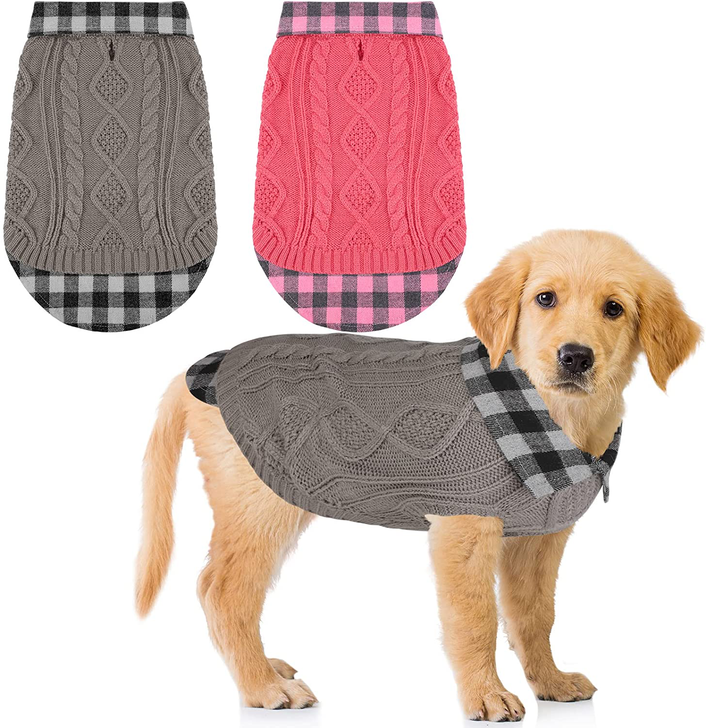 Pedgot Pack of 2 Turtleneck Knitted Dog Sweater Soft and Warm Pet Winter Clothes Classic Cable Knit Plaid Patchwork Pet Sweater for Small Medium Large Dogs Animals & Pet Supplies > Pet Supplies > Dog Supplies > Dog Apparel Pedgot Gray, Pink Small 