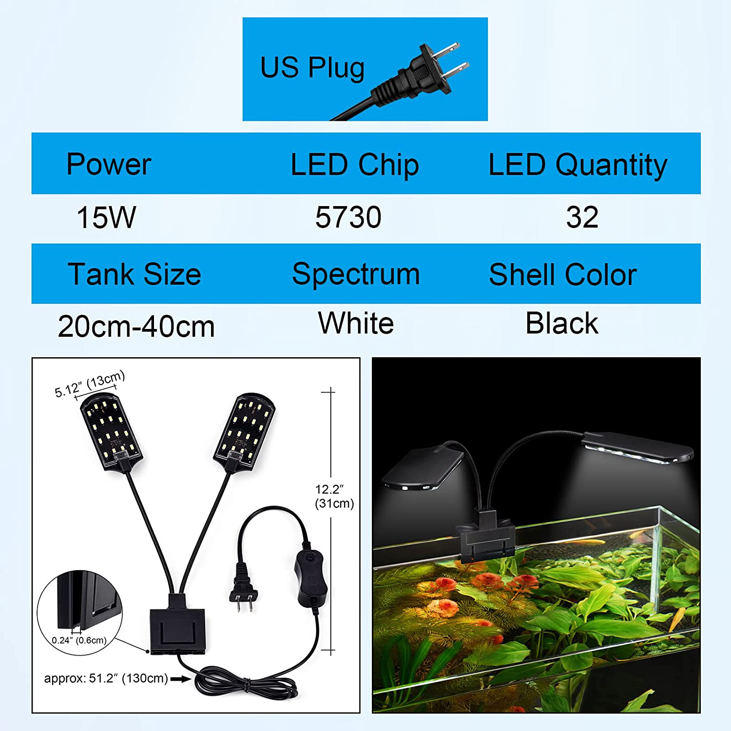 WEAVERBIRD Double Head Aquarium Fish Tank Light 15W 32 LED Aquarium Planted Clip Lamp 1600LM White LED Lighting for 8-15 Inch Fish Tank Animals & Pet Supplies > Pet Supplies > Fish Supplies > Aquarium Lighting WEAVERBIRD   