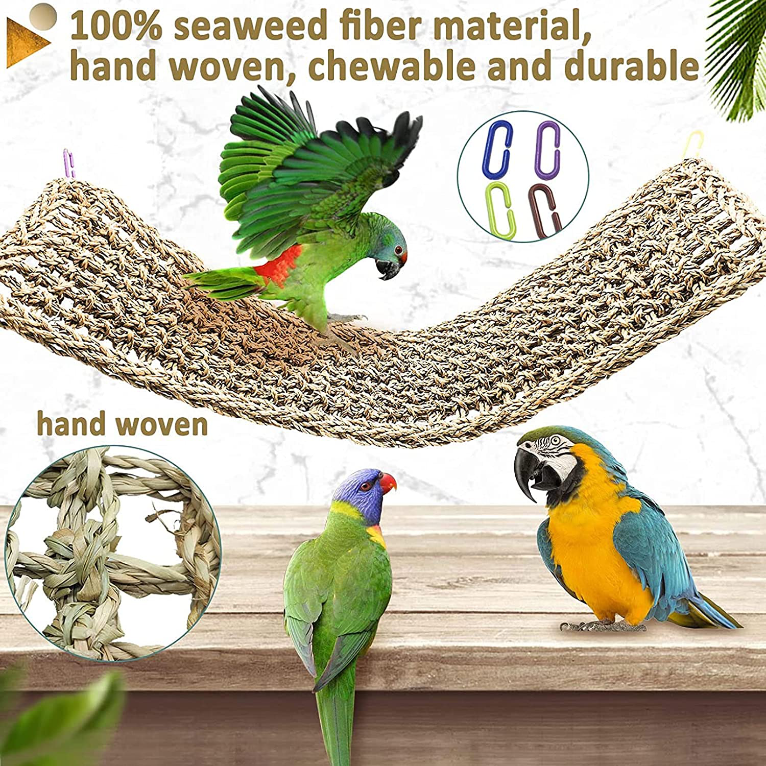 Bird Seagrass Mat,Natural Grass Woven Net Hammock Hanging on Parrot Cage with 4 Hooks,Parakeet Climbing Rope Ladder Chew Toys for Lovebird Cockatiel Conure Budgie,Cockatoo Supplies 28.3" X 6.7" Animals & Pet Supplies > Pet Supplies > Bird Supplies > Bird Ladders & Perches Hamiledyi   