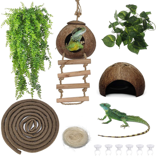 Kathson Leopard Gecko Tank Accessories Reptile Habitat Decor Reptiles Hanging Plants Artificial Bendable Climbing Vines and Hidden Coconut Shell Hole for Chameleon, Lizards, Gecko, Snakes Animals & Pet Supplies > Pet Supplies > Reptile & Amphibian Supplies > Reptile & Amphibian Habitat Accessories kathson   