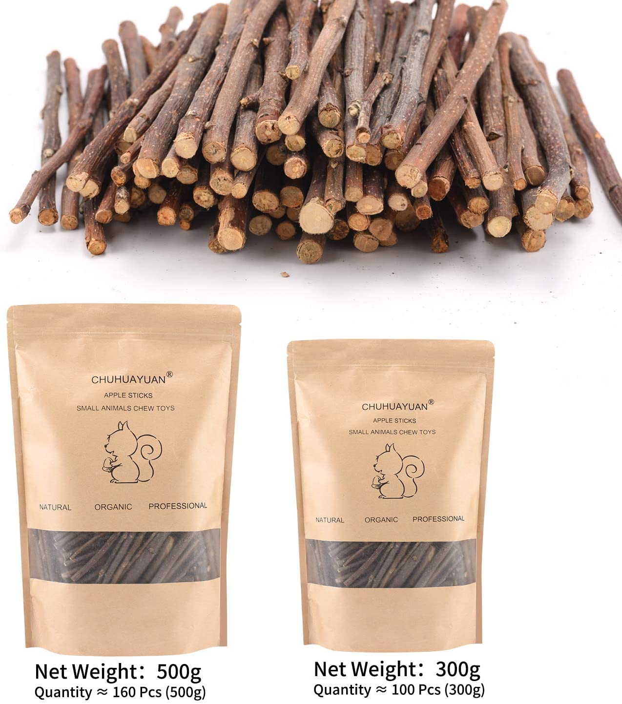 CHUHUAYUAN Natural Apple Sticks, 300G Treats Food for Small Animals, Chew Toys for Chinchilla Guinea Pigs Rabbit Squirrel Hamster Bunny