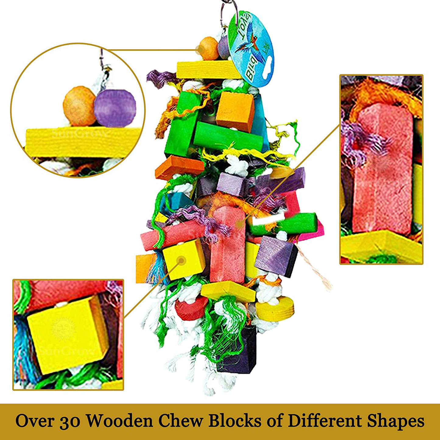 Sungrow Parrot Wooden and Rope Chewing Toy, 15.7 X 4 Inches, Multi-Shaped Blocks and Cotton Rope with Hanging Loop, 1 Pc Animals & Pet Supplies > Pet Supplies > Bird Supplies > Bird Toys Luffy Pets Collection   