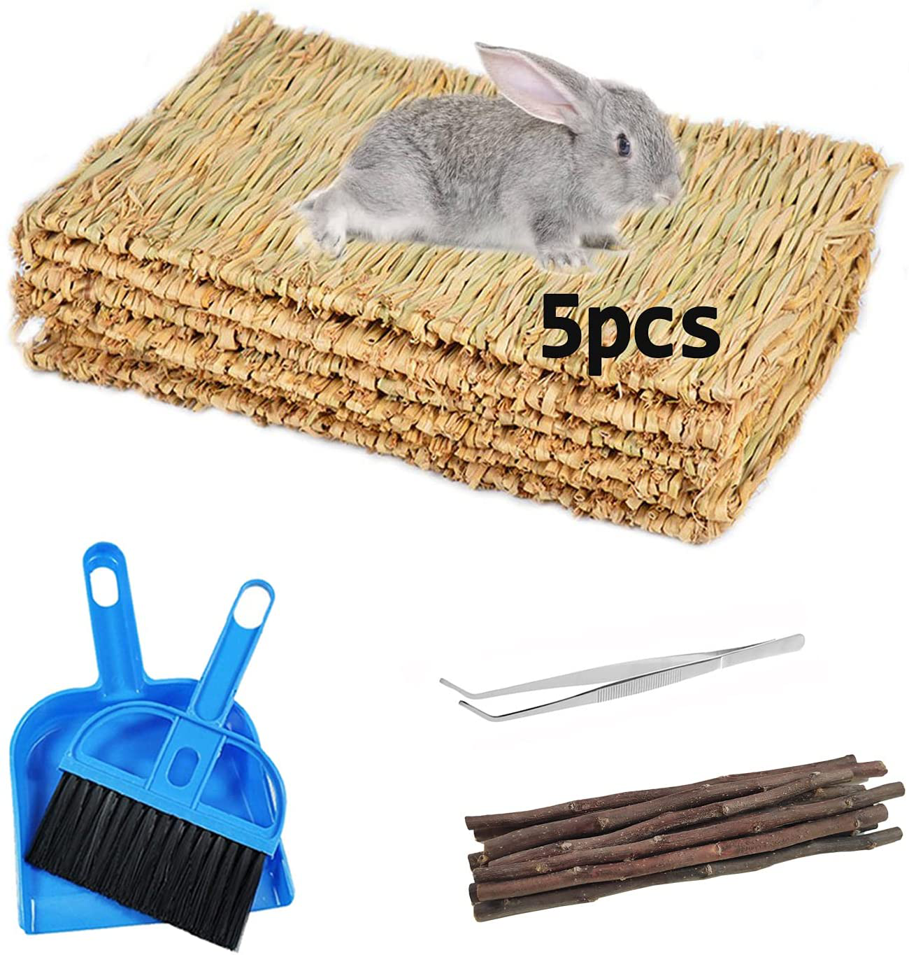Kathson 5 Pack Bunny Grass Mats Woven Rabbit Bed Mat Bedding Nest Chew Toy Natural Straw Bed Play Toys for Guinea Pig Hamster Chinchilla Parrot