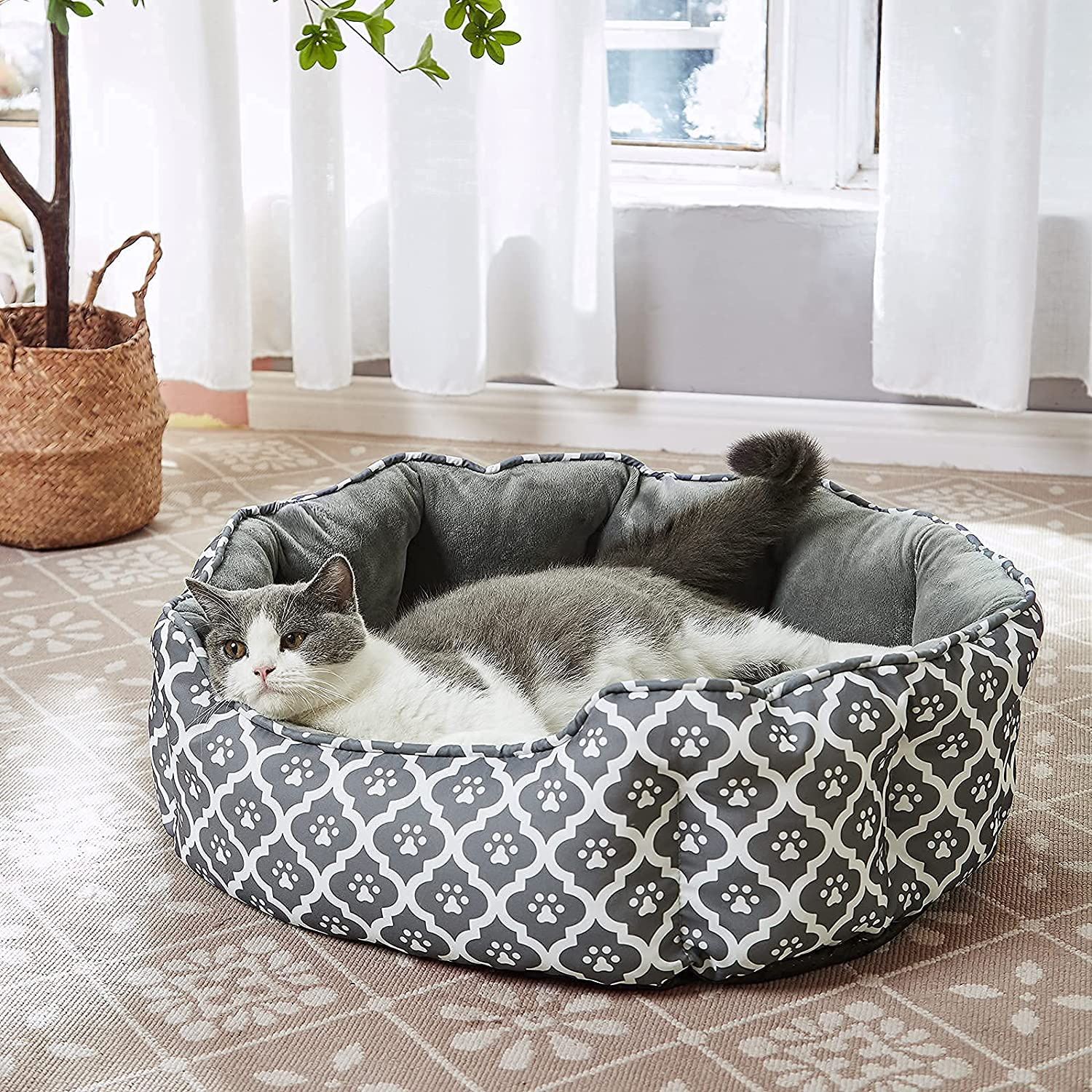 LUCKITTY Cat Bed,Soft Velvet & Waterproof Oxford Two-Sided Cushion, Easy Washable,Oval Geometric Pet Beds for Indoor Cats or Small Animas