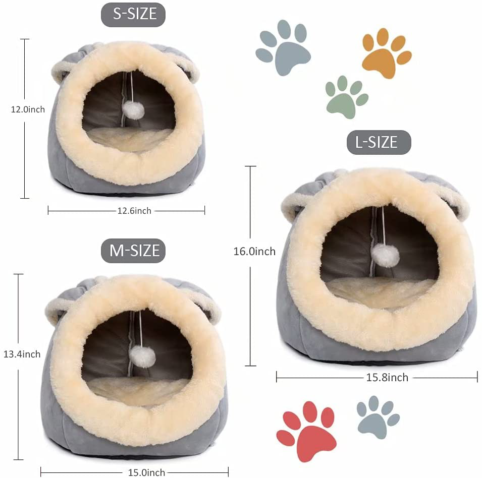 Cat Beds for Indoor Cats - Small Dog Bed with Anti-Slip Bottom, Rabbit-Shaped Cat/Small Dog Cave with Hanging Toy, Puppy Bed with Removable Cotton Pad, Super Soft Calming Pet Sofa Bed (Grey Medium)