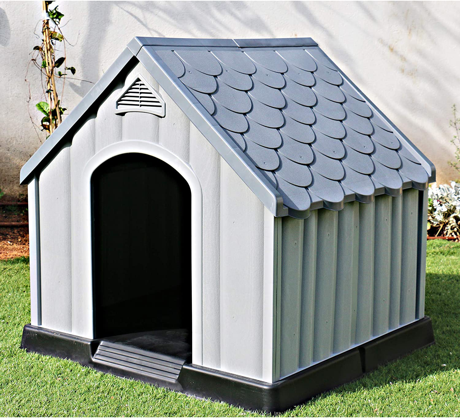 Ram Quality Products Innovative Outdoor Pet House Large Waterproof Dog Kennel Shelter for Small, Medium, and Large Dogs, 36 X 34.5 X 36 Inches, Gray