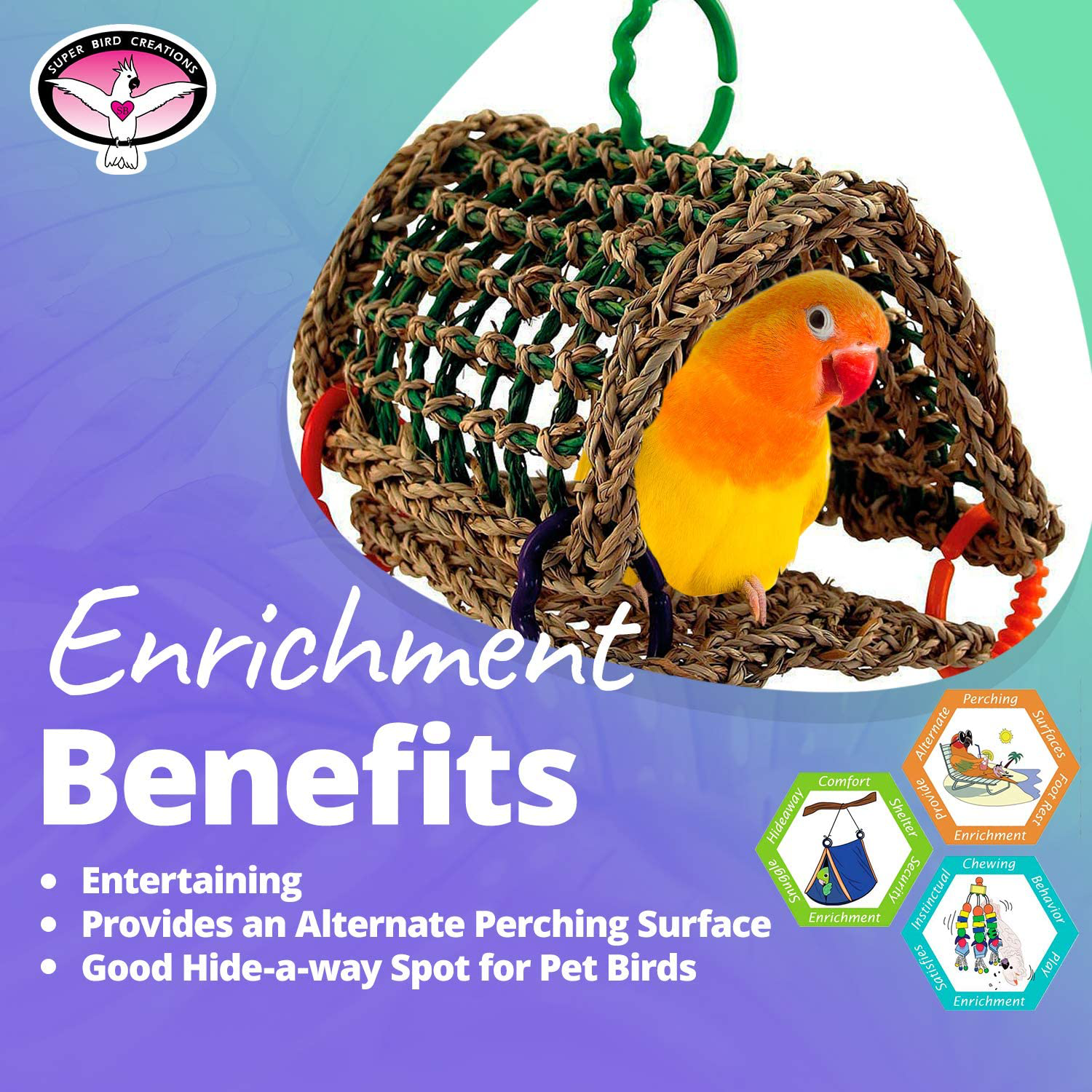 Super Bird Creations SB881 Sheltering Seagrass Tent with Chewable Bumpy Links, Small to Medium Size, 8” X 7” X 8”,Varies Animals & Pet Supplies > Pet Supplies > Bird Supplies > Bird Toys Super Bird Creations   