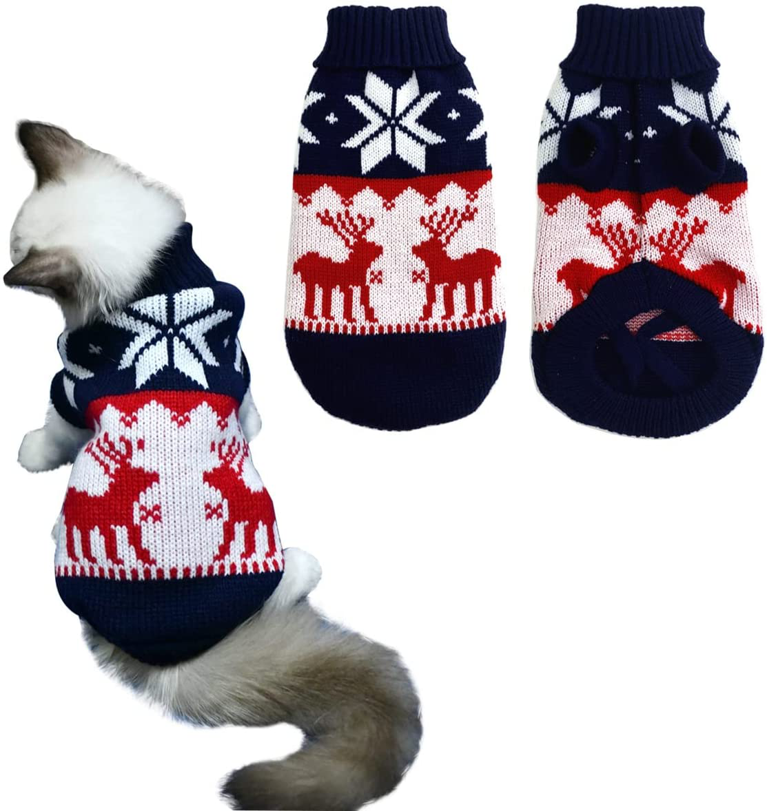 Vehomy Pet Puppy Christmas Sweater Cat Winter Knitwear Xmas Clothes Navy Blue Sweater with Reindeers Snowflakes Pattern Dog Warm Argyle Sweater Coat for Kittens Small Dogs Cats Animals & Pet Supplies > Pet Supplies > Dog Supplies > Dog Apparel Vehomy Small  