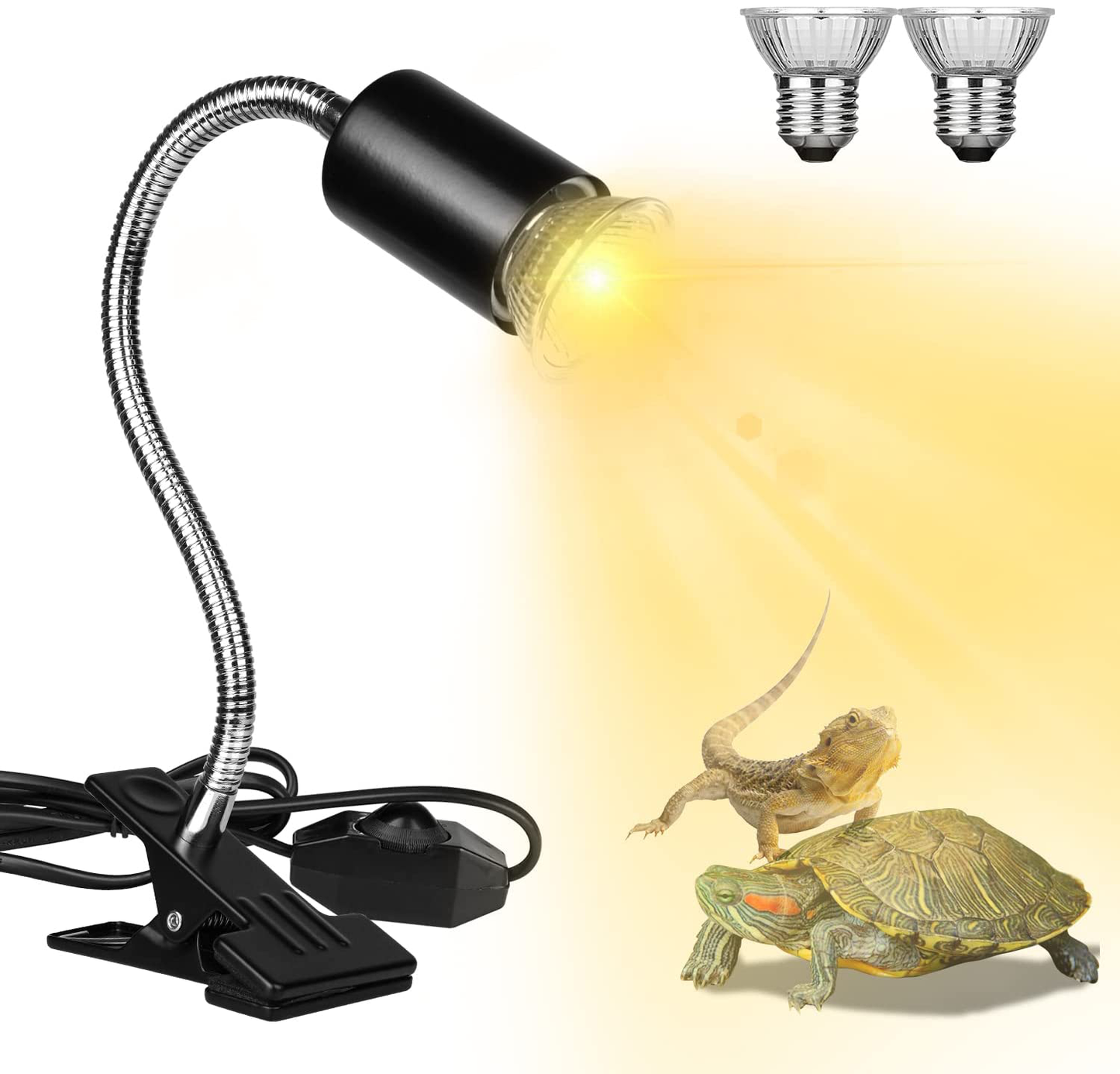 Reptile Heat Lamps, Turtle Lamp UVA/UVB Turtle Aquarium Tank Heating Lamps with Clamp, 360° Rotatable Basking Lamp for Lizard Turtle Snake Aquarium Aquatic Plants with 2 Heat Bulbs (E27,110V)
