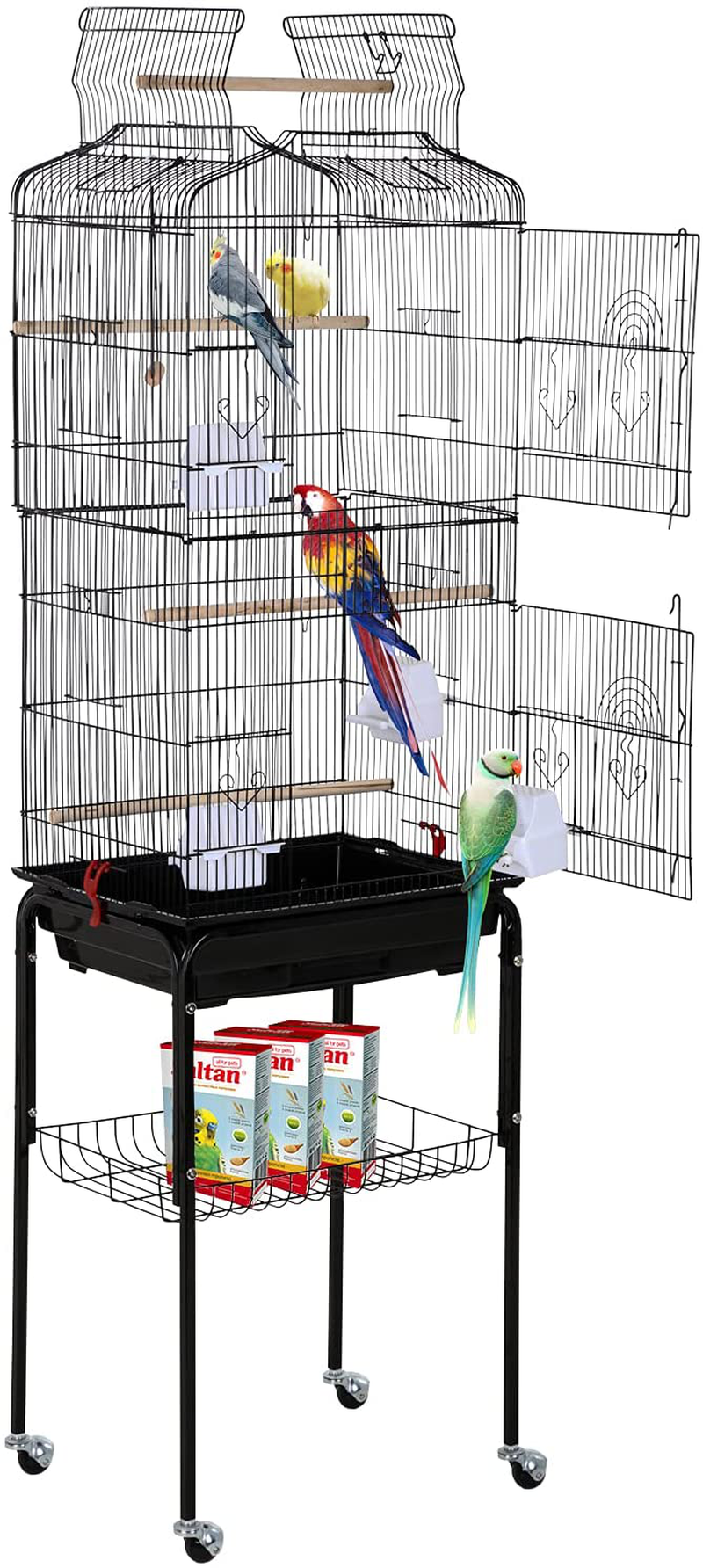 Bird Cage Parakeet Cage 64 Inch Open Top Standing Parrot Cage Accessories with Rolling Stand for Medium Small Cockatiel Canary Parakeet Conure Finches Budgie Lovebirds Pet Storage Shelf Animals & Pet Supplies > Pet Supplies > Bird Supplies > Bird Cages & Stands HCY Black  