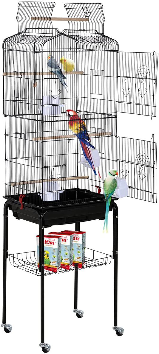 Bird Cage Parakeet Cage 64 Inch Open Top Standing Parrot Cage Accessories with Rolling Stand for Medium Small Cockatiel Canary Parakeet Conure Finches Budgie Lovebirds Pet Storage Shelf