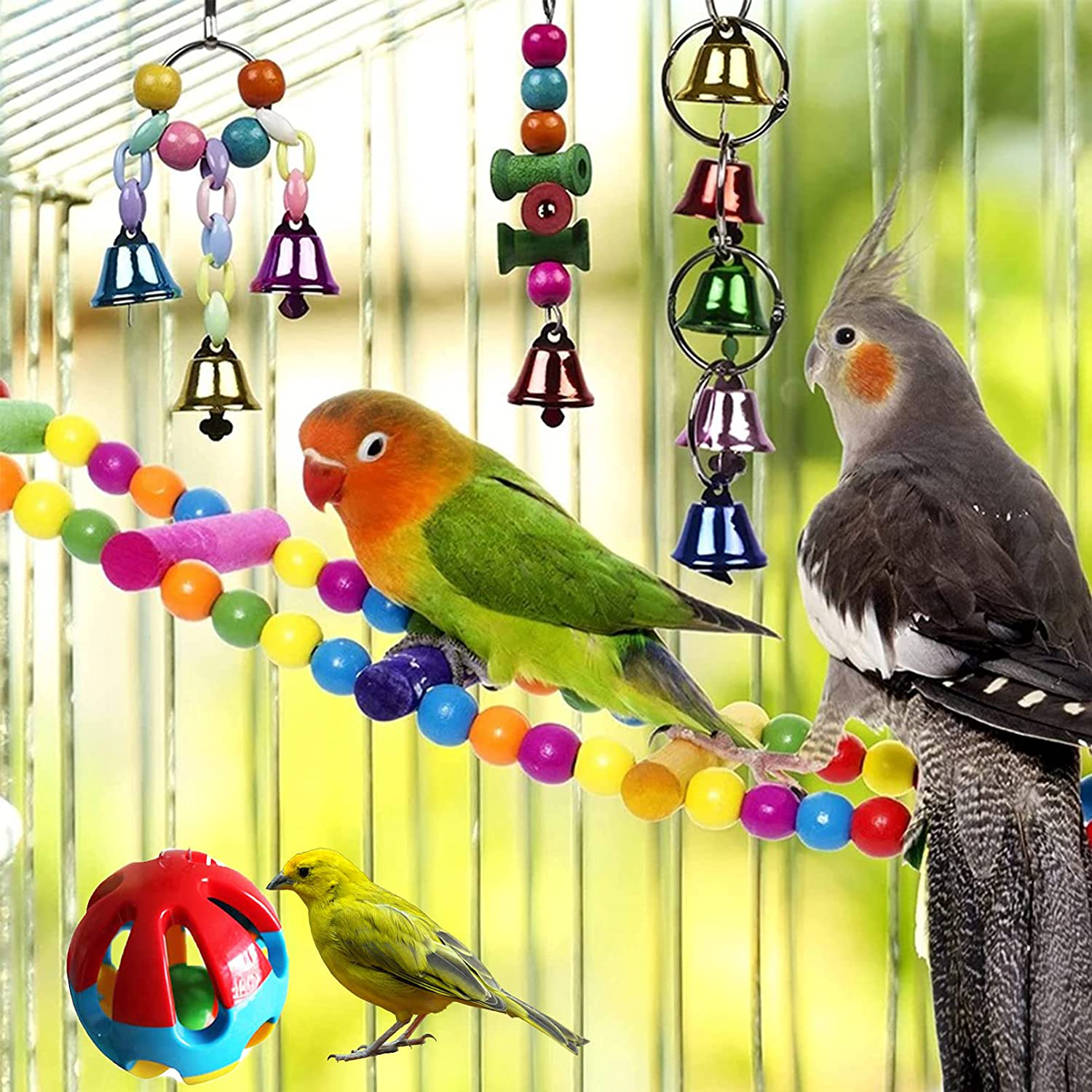 Hamiledyi Bird Parrot Swing Chewing Toy Set 15PCS Wooden Hanging Bell with Hammock Climbing Ladders Colorful Pet Birds Cage Toys for Small Parakeet Cockatiel Conures Finches Budgie Macaws Love Birds Animals & Pet Supplies > Pet Supplies > Bird Supplies > Bird Cage Accessories Hamiledyi   