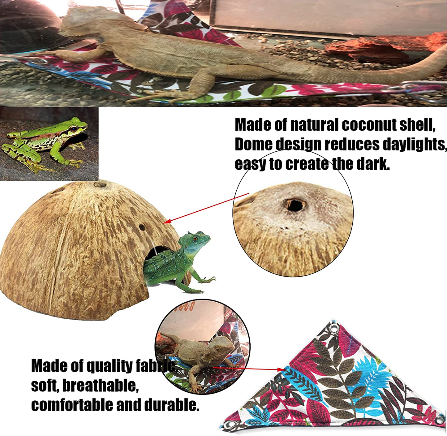Lizard Bearded Dragon Hammock Set Tank Accessories, Coconut Shell Hut Hideout Cave Natural Seagrass Jungle Climber, Flexible Bend-A Branch Jungle Climbing Vines for Geckos and More Reptiles Perched