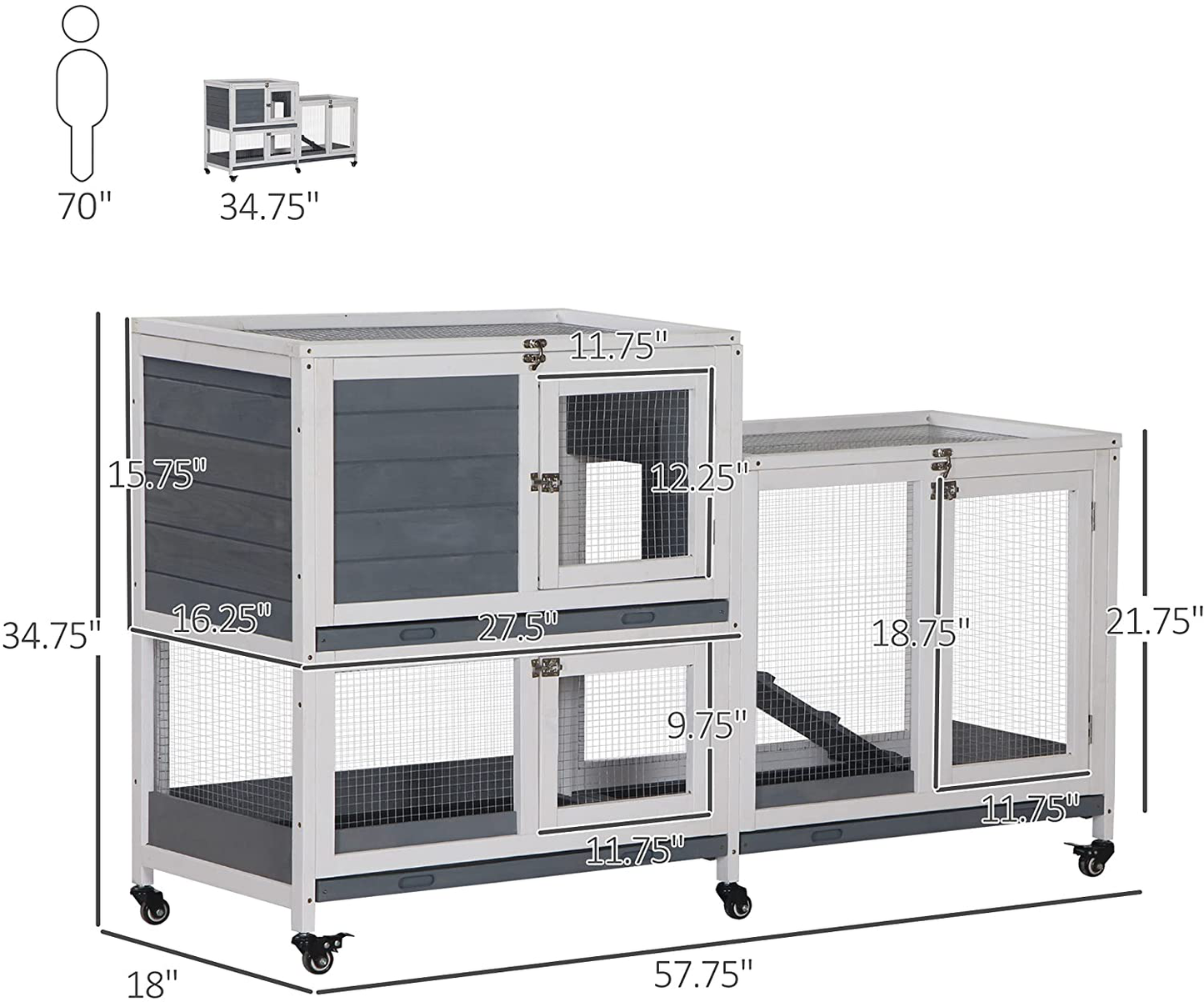 Pawhut Wooden Rabbit Hutch Elevated Pet House Bunny Cage Small Animal Habitat with Slide-Out Tray Lockable Door Openable Top for Indoor 57.75" X 18" X 32.5" Grey Animals & Pet Supplies > Pet Supplies > Small Animal Supplies > Small Animal Habitats & Cages PawHut   