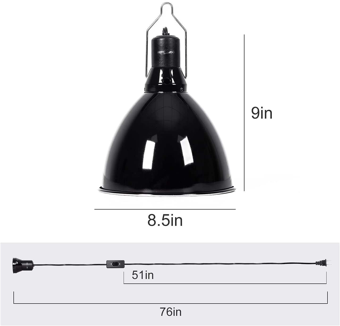 REPTI ZOO 8.5 Inch Reptile Light Fixture 200W 2 in 1 E26 Base with Removable Ceramic Socket with on off Toggle Switch in Black,Aquarium Dome Reptile UVB Light Socket Fixture (Without Bulbs)