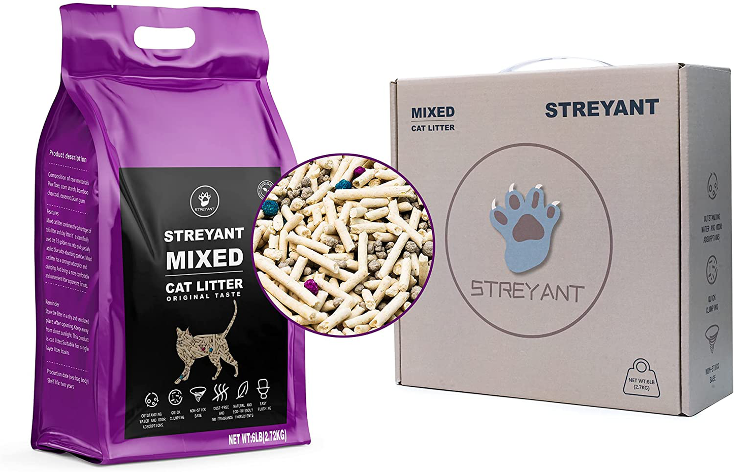 Streyant Mixed Cat Litter, Quick Clumping, Deodorize, Flushable, Dust Free & Unscented for Kitty 6Lbs / Pack (Unscented) Animals & Pet Supplies > Pet Supplies > Cat Supplies > Cat Litter STREYANT   