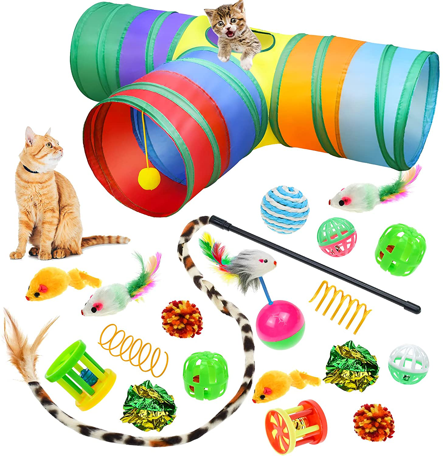 Malier 20 PCS Cat Kitten Toys Set, Collapsible Cat Tunnels for Indoor Cats, Interactive Cat Feather Toy Fluffy Mouse Crinkle Balls Cat 3 Way Tube Tunnel Toys for Cat Puppy Kitty Kitten