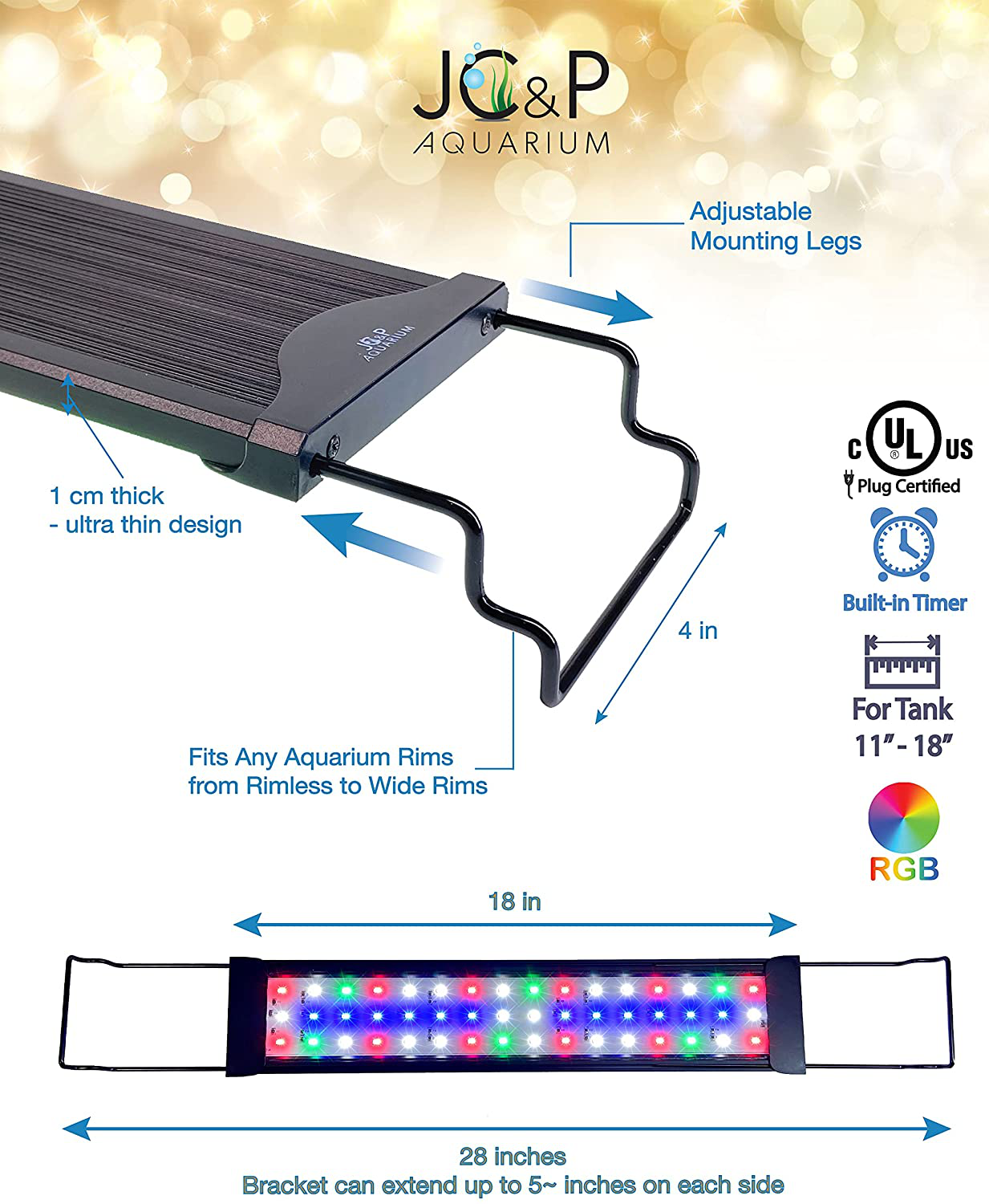 JC&P Full Spectrum Aquarium LED Light with Extendable Brackets with Red, Green, Blue and White Leds Aquatic Fish Tank Light Animals & Pet Supplies > Pet Supplies > Fish Supplies > Aquarium Lighting JC&P   