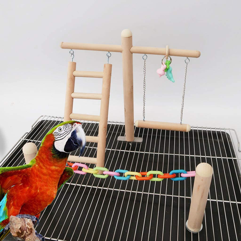 Haninetrosty Bird Cage Stand Play Gym Wood Perch Playground Parrot Climbing Ladder Chewing Chain Swing Activity Exercise Center for Lovebirds Budgies Finches Parakeets