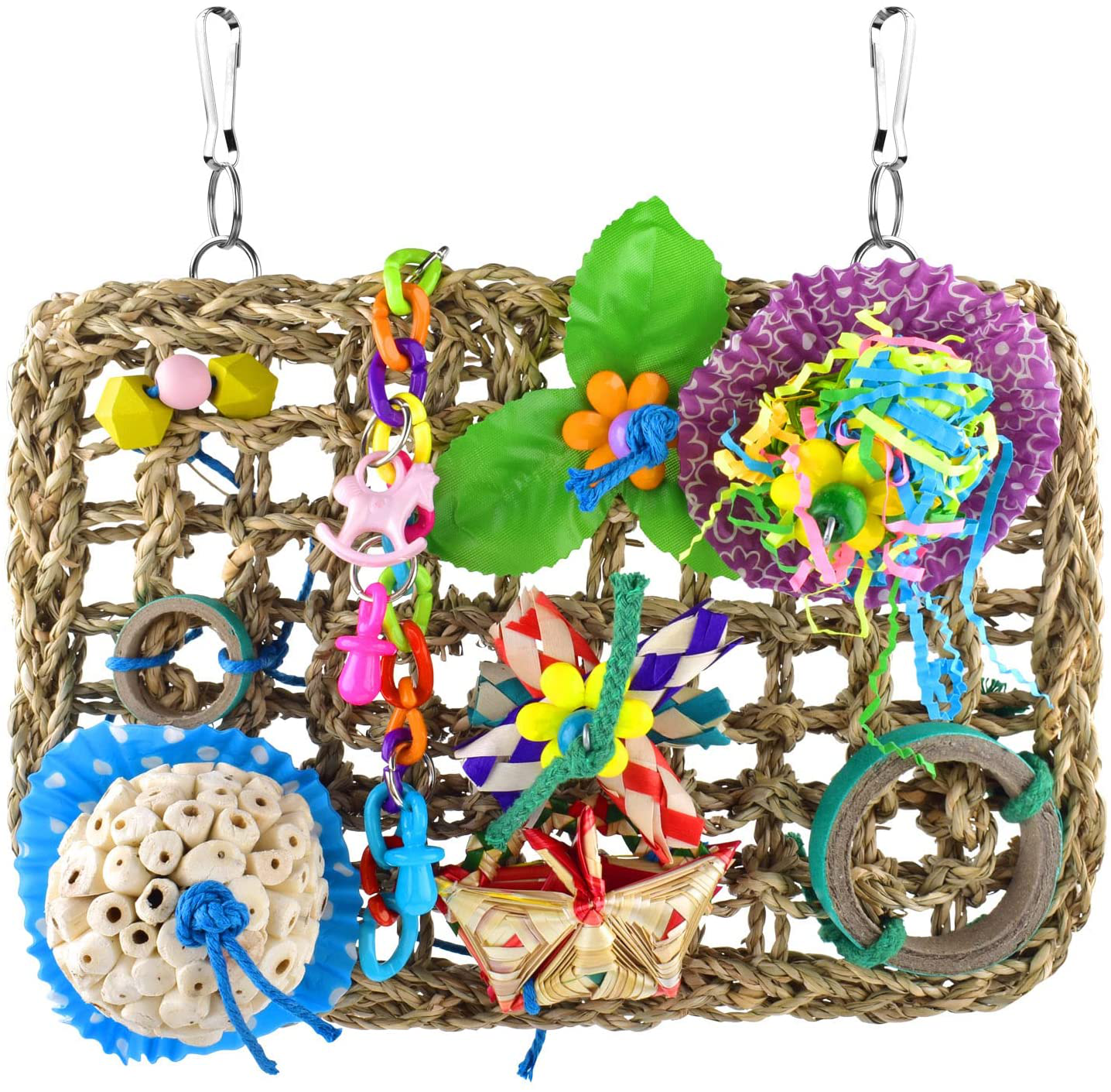 KATUMO Bird Toys, Bird Foraging Wall Toy Edible Seagrass Woven Climbing Hammock Mat with Natural Sola Cake Ball Colorful Chew Toys for Parakeet, Budgerigar, Conure, Cockatiel, Lovebird, Parrots